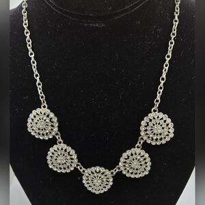 Dazzling Silver Tone Necklace 5 Medsllions Encrusted with Rhinestones